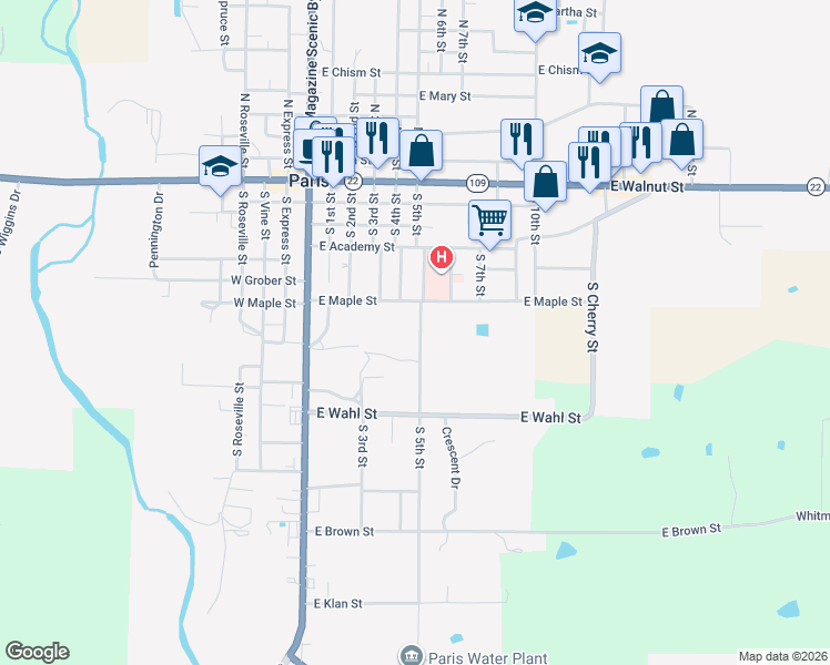 map of restaurants, bars, coffee shops, grocery stores, and more near 606 South 5th Street in Paris