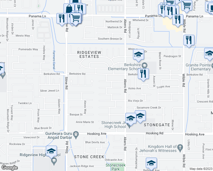map of restaurants, bars, coffee shops, grocery stores, and more near 4402 Silver Maple Court in Bakersfield