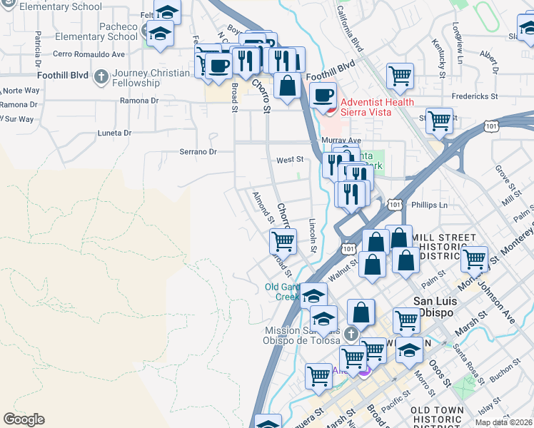 map of restaurants, bars, coffee shops, grocery stores, and more near 265 Chorro Street in San Luis Obispo