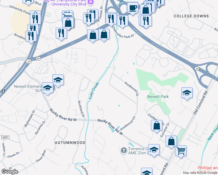 map of restaurants, bars, coffee shops, grocery stores, and more near 8410 Knollwood Circle in Charlotte