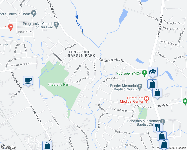 map of restaurants, bars, coffee shops, grocery stores, and more near 3617 Braden Drive in Charlotte