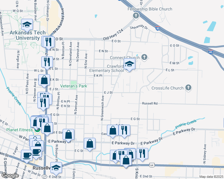 map of restaurants, bars, coffee shops, grocery stores, and more near 1013 North Parker Road in Russellville