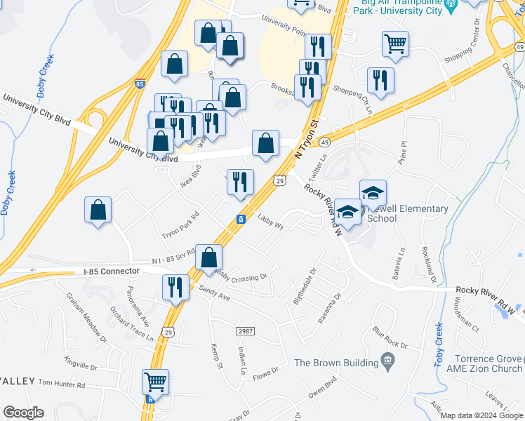 map of restaurants, bars, coffee shops, grocery stores, and more near 7232 U.S. 29 in Charlotte
