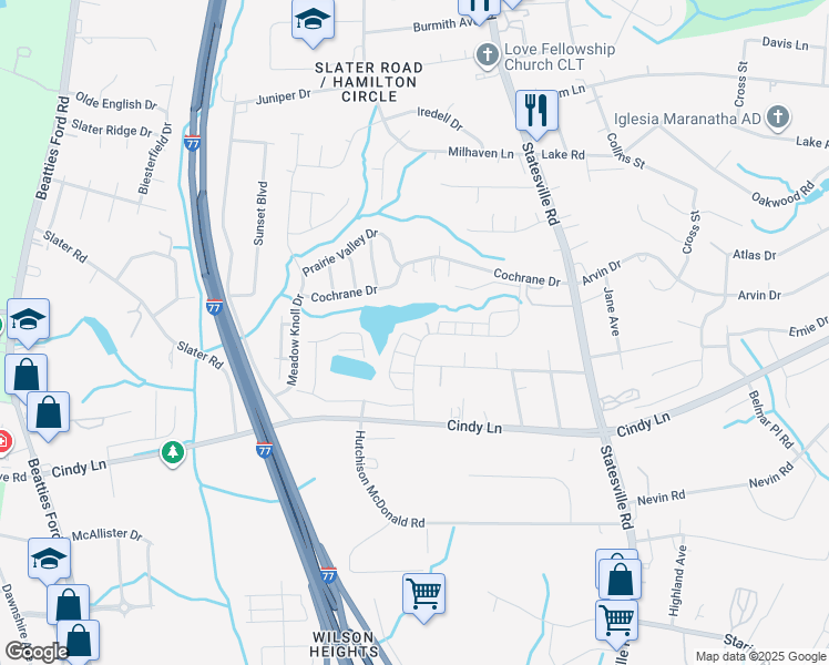map of restaurants, bars, coffee shops, grocery stores, and more near 2801 Oakwood Drive in Charlotte