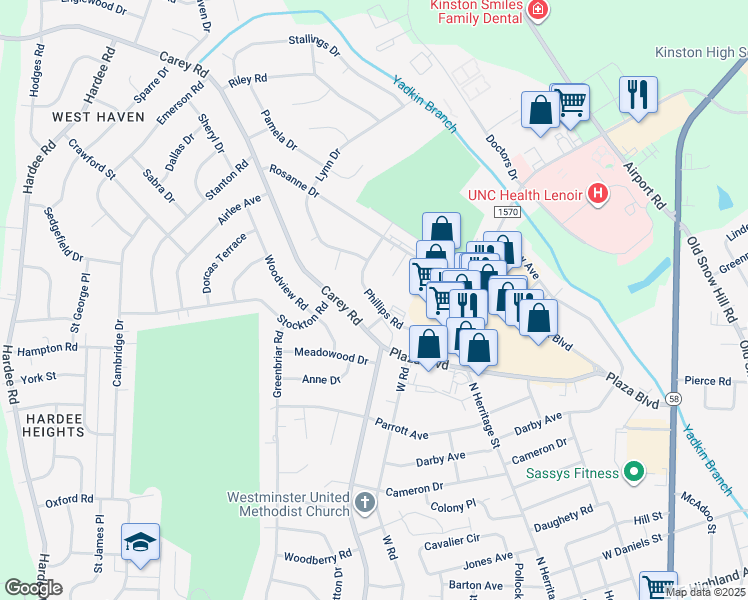 map of restaurants, bars, coffee shops, grocery stores, and more near 907 Phillips Road in Kinston