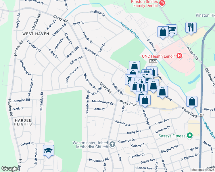 map of restaurants, bars, coffee shops, grocery stores, and more near 2209 Carey Road in Kinston