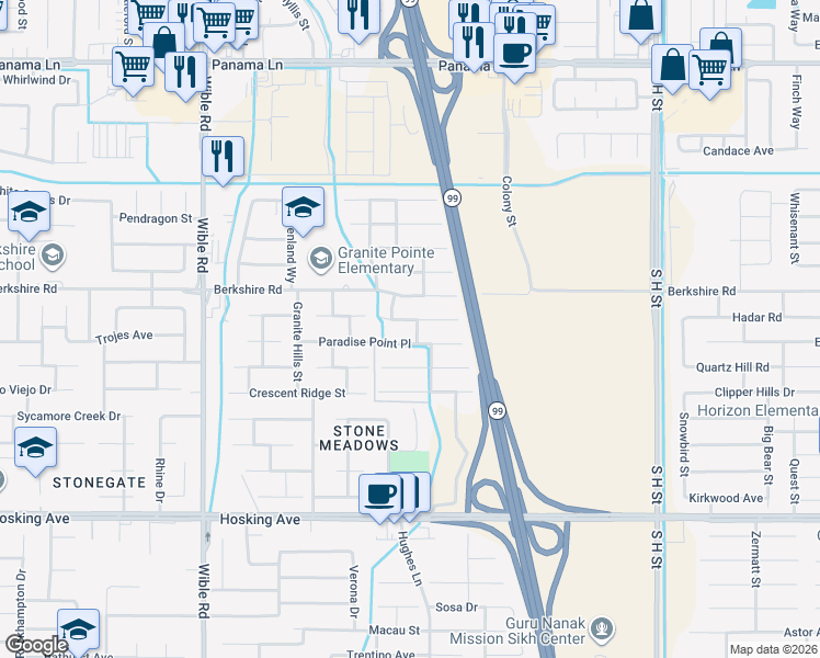 map of restaurants, bars, coffee shops, grocery stores, and more near 2521 Basque Hills Drive in Bakersfield