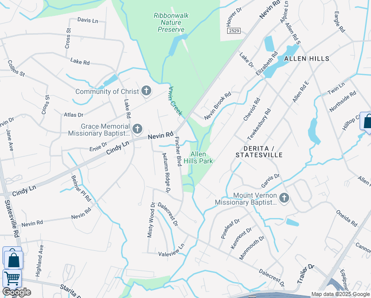map of restaurants, bars, coffee shops, grocery stores, and more near 3538 Fincher Boulevard in Charlotte