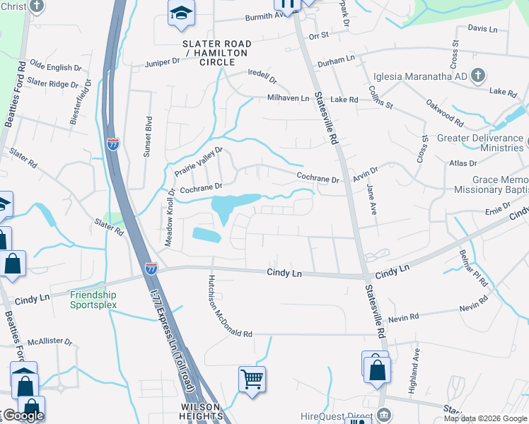 map of restaurants, bars, coffee shops, grocery stores, and more near 2801 Oakwood Drive in Charlotte