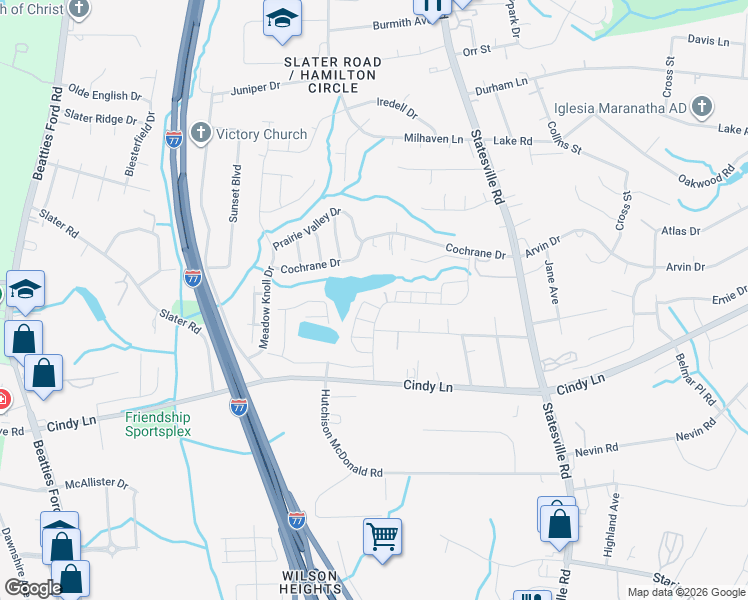 map of restaurants, bars, coffee shops, grocery stores, and more near 2801 Oakwood Drive in Charlotte
