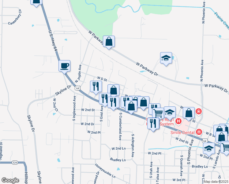 map of restaurants, bars, coffee shops, grocery stores, and more near 2631 West C Street in Russellville