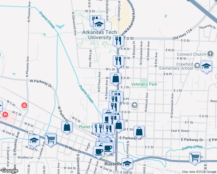 map of restaurants, bars, coffee shops, grocery stores, and more near 215 West J Street in Russellville