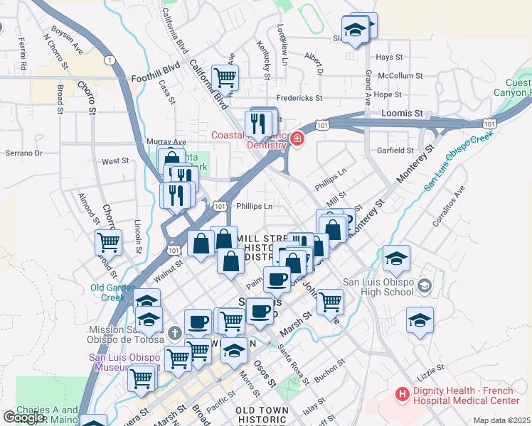 map of restaurants, bars, coffee shops, grocery stores, and more near 728 Johnson Avenue in San Luis Obispo