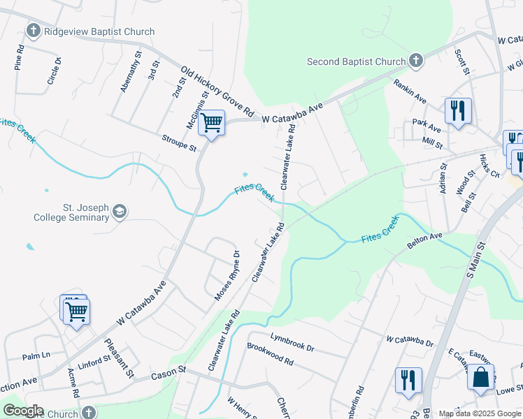 map of restaurants, bars, coffee shops, grocery stores, and more near Clearwater Lake Road in Mount Holly