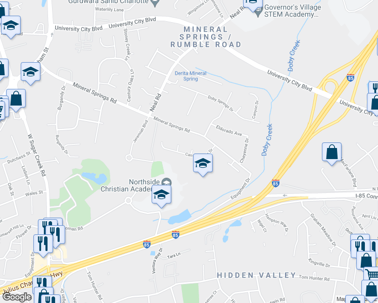 map of restaurants, bars, coffee shops, grocery stores, and more near 6011 Carriage Oaks Drive in Charlotte