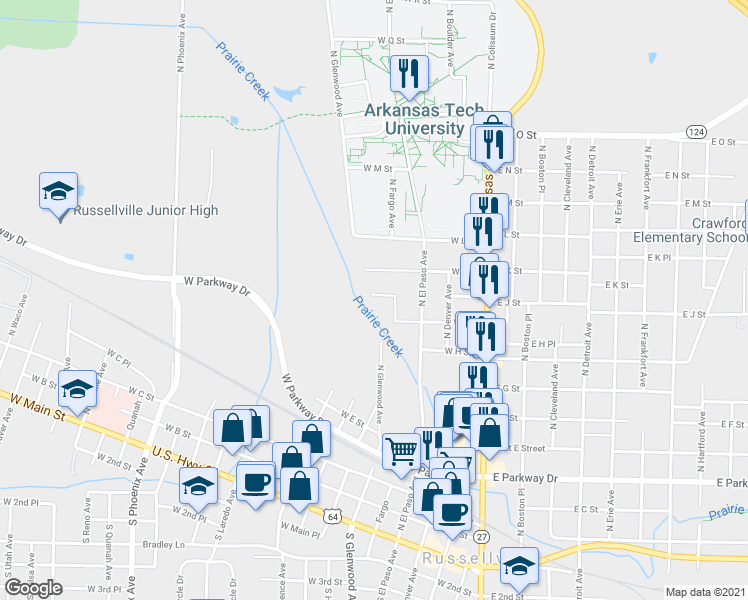 map of restaurants, bars, coffee shops, grocery stores, and more near 615 West J Street in Russellville