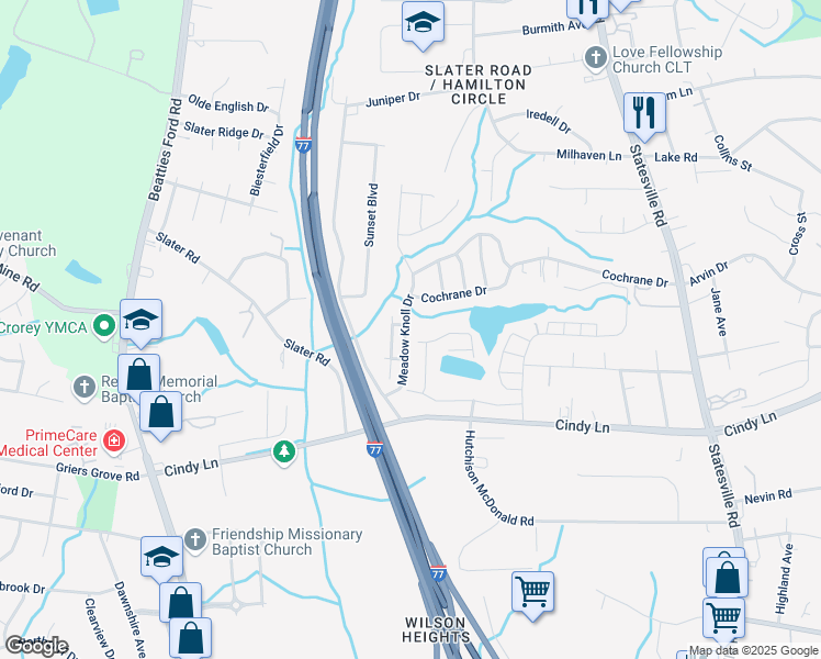map of restaurants, bars, coffee shops, grocery stores, and more near 2718 Meadow Knoll Drive in Charlotte