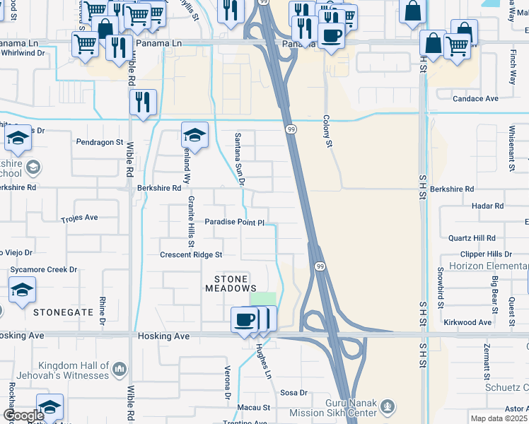 map of restaurants, bars, coffee shops, grocery stores, and more near 2521 Basque Hills Drive in Bakersfield