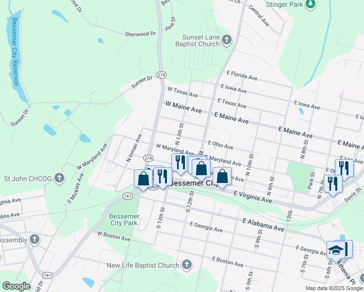 map of restaurants, bars, coffee shops, grocery stores, and more near 122 West Maryland Avenue in Bessemer City