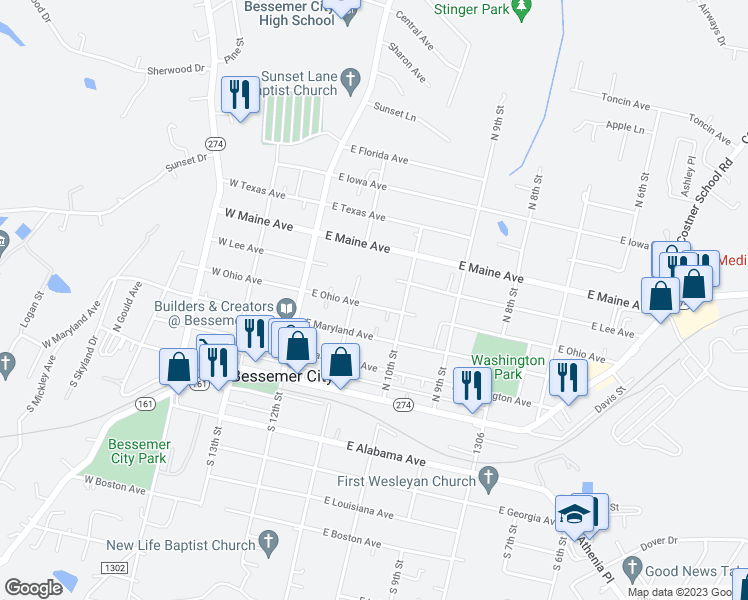 map of restaurants, bars, coffee shops, grocery stores, and more near 209 East Ohio Avenue in Bessemer City
