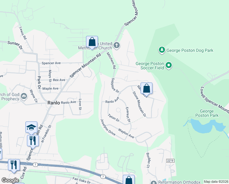 map of restaurants, bars, coffee shops, grocery stores, and more near 1044 Sapphire Drive in Gastonia