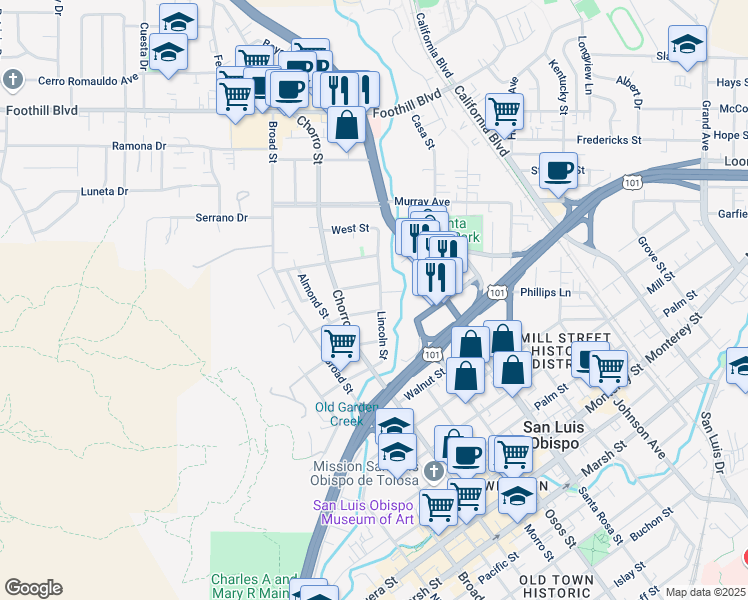 map of restaurants, bars, coffee shops, grocery stores, and more near 283 Lincoln Street in San Luis Obispo