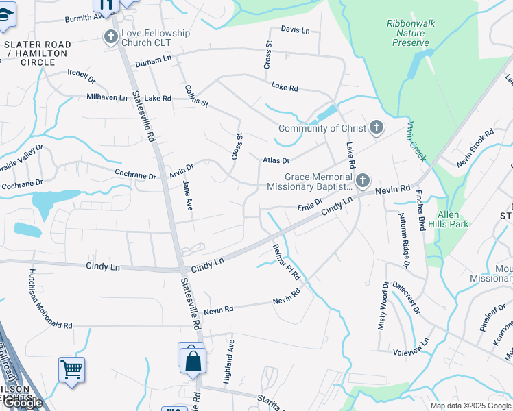 map of restaurants, bars, coffee shops, grocery stores, and more near 4847 Belmar Place Road in Charlotte