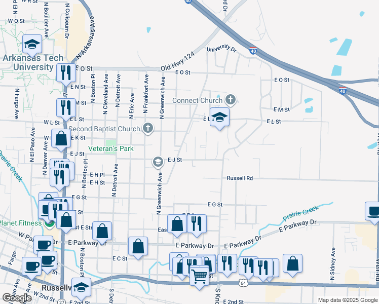 map of restaurants, bars, coffee shops, grocery stores, and more near 1016 East J Street in Russellville