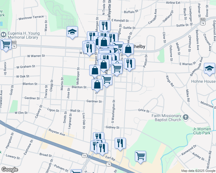 map of restaurants, bars, coffee shops, grocery stores, and more near 409 South Lafayette Street in Shelby