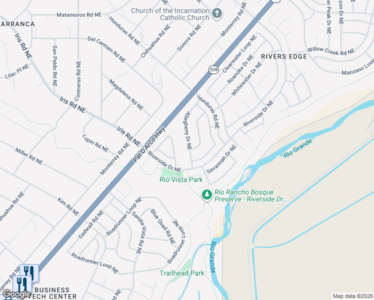 map of restaurants, bars, coffee shops, grocery stores, and more near 1721 Allegheny Drive Northeast in Rio Rancho