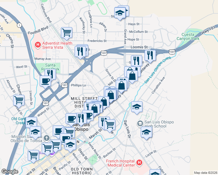 map of restaurants, bars, coffee shops, grocery stores, and more near 1515 Mill Street in San Luis Obispo