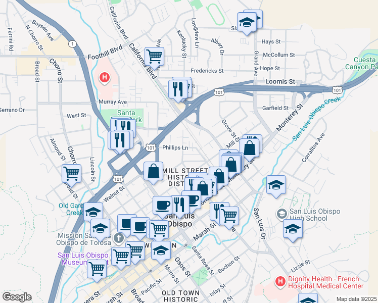 map of restaurants, bars, coffee shops, grocery stores, and more near 1371 Phillips Lane in San Luis Obispo