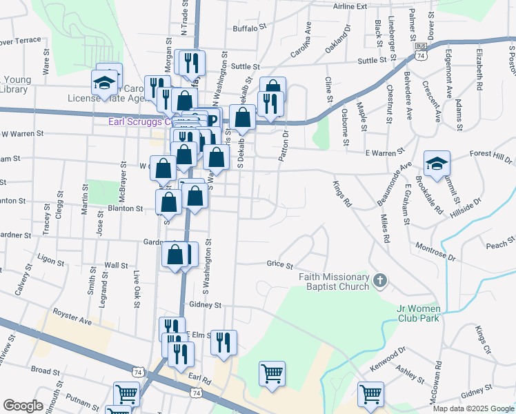 map of restaurants, bars, coffee shops, grocery stores, and more near 3203 Patton Drive in Shelby