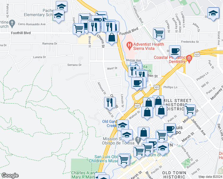 map of restaurants, bars, coffee shops, grocery stores, and more near 274 Chorro Street in San Luis Obispo