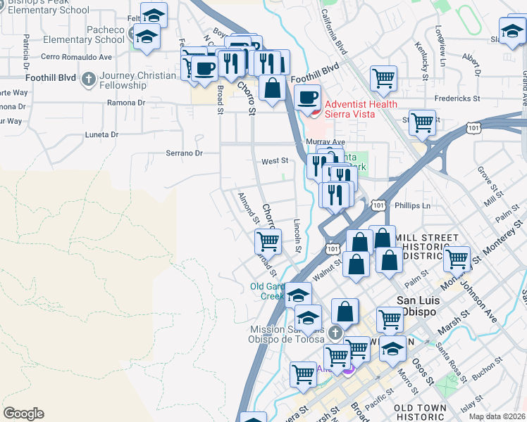map of restaurants, bars, coffee shops, grocery stores, and more near 265 Chorro Street in San Luis Obispo