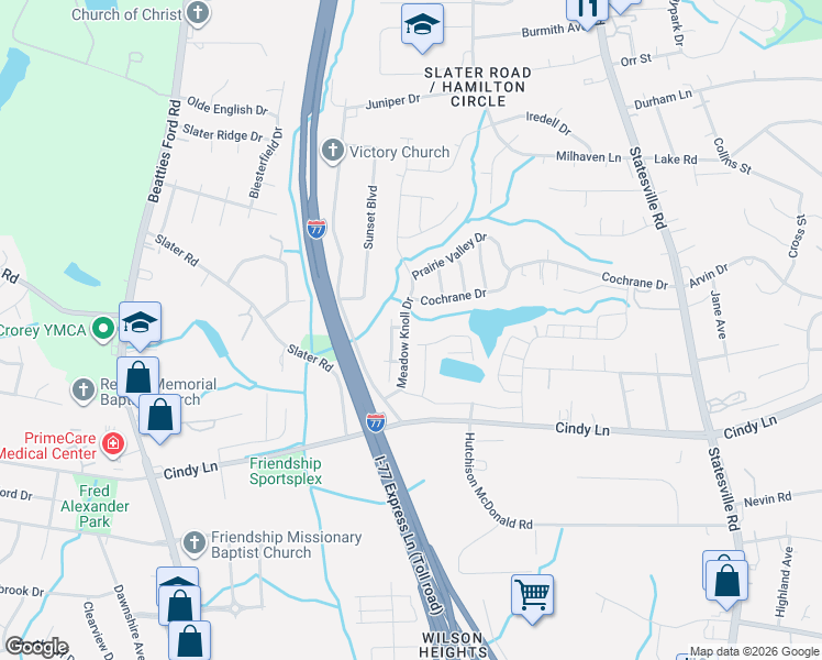 map of restaurants, bars, coffee shops, grocery stores, and more near 2718 Meadow Knoll Drive in Charlotte