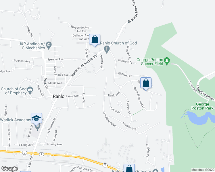 map of restaurants, bars, coffee shops, grocery stores, and more near 1036 Joselynn Drive in Gastonia