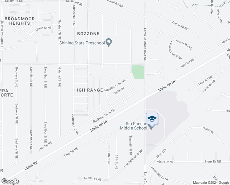 map of restaurants, bars, coffee shops, grocery stores, and more near 1924 Round Up Drive Northeast in Rio Rancho