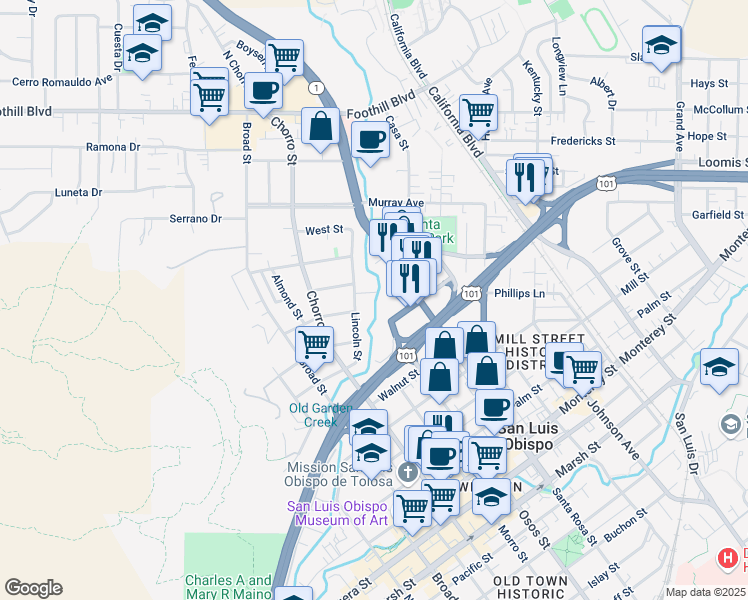 map of restaurants, bars, coffee shops, grocery stores, and more near 951 Montalban Street in San Luis Obispo