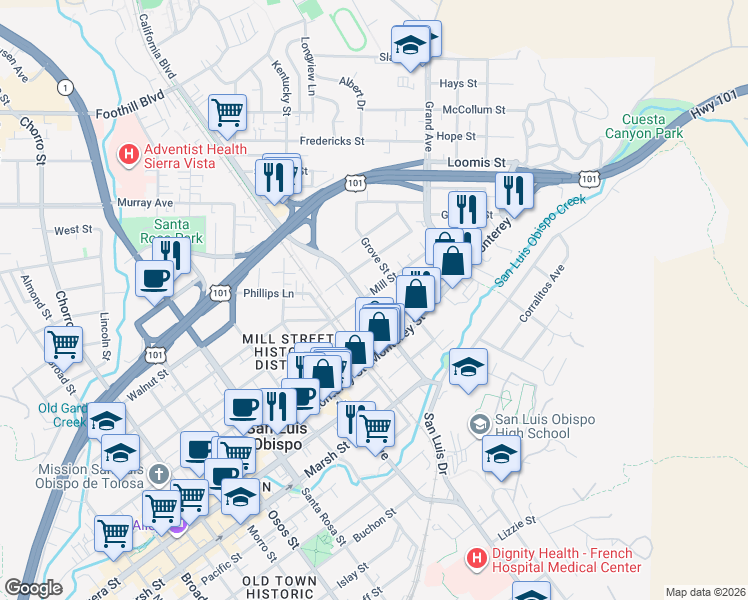 map of restaurants, bars, coffee shops, grocery stores, and more near 1515 Mill Street in San Luis Obispo