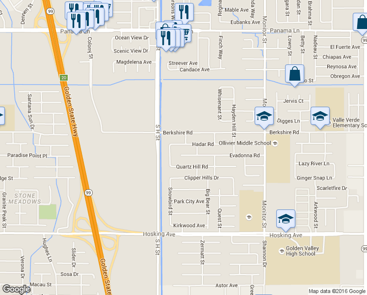 map of restaurants, bars, coffee shops, grocery stores, and more near 1505 Hadar Road in Bakersfield