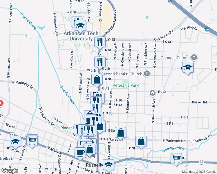 map of restaurants, bars, coffee shops, grocery stores, and more near 203 East J Street in Russellville