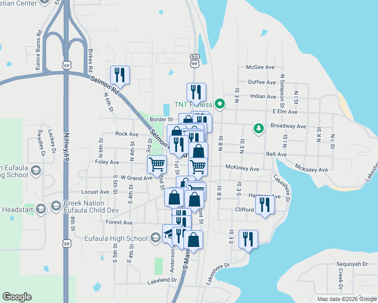 map of restaurants, bars, coffee shops, grocery stores, and more near 106 Highway 9 in Eufaula