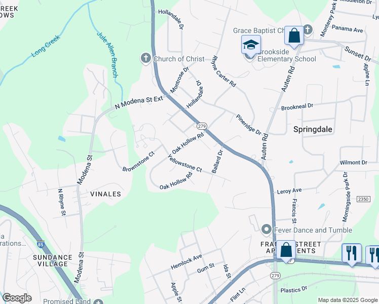 map of restaurants, bars, coffee shops, grocery stores, and more near 1770 Oak Hollow Road in Gastonia