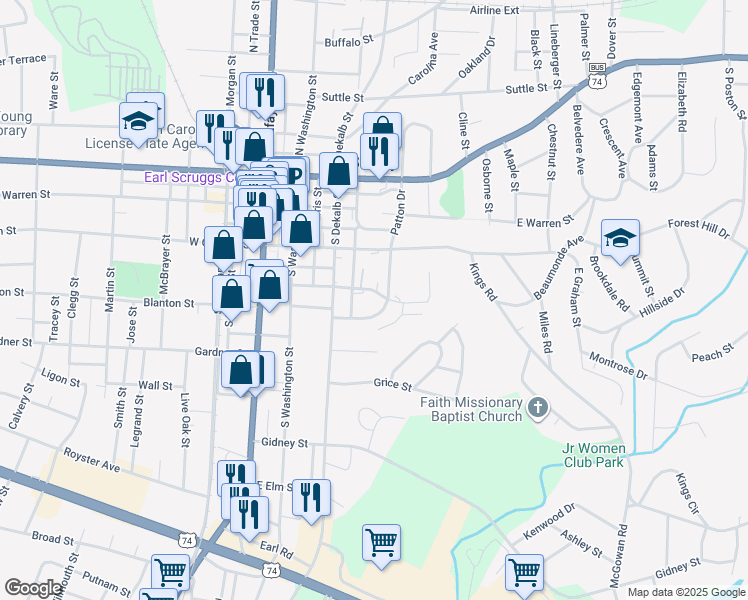 map of restaurants, bars, coffee shops, grocery stores, and more near 3203 Patton Drive in Shelby
