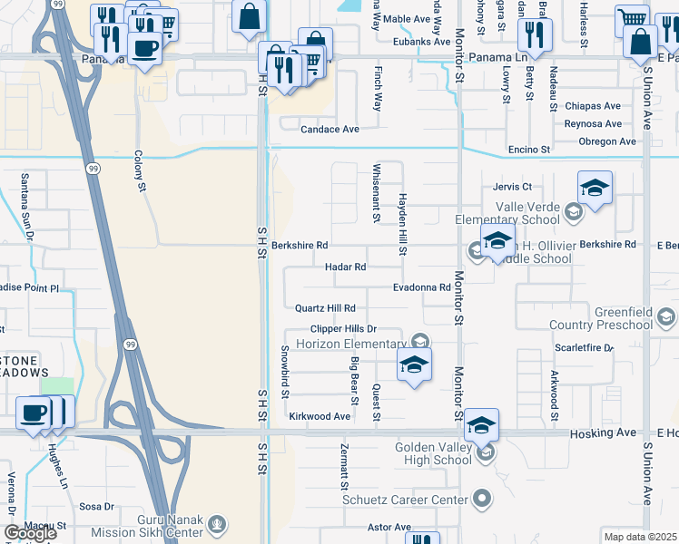 map of restaurants, bars, coffee shops, grocery stores, and more near 1325 Hadar Road in Bakersfield