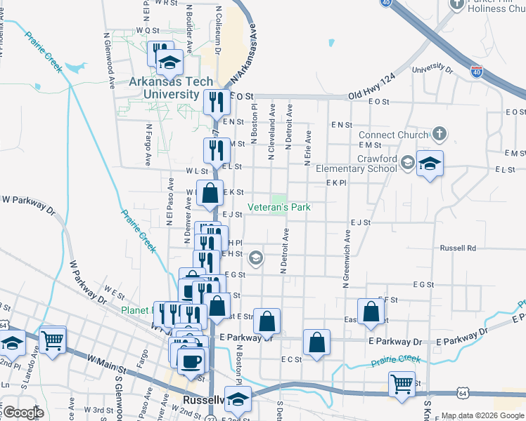 map of restaurants, bars, coffee shops, grocery stores, and more near 233 East J Street in Russellville