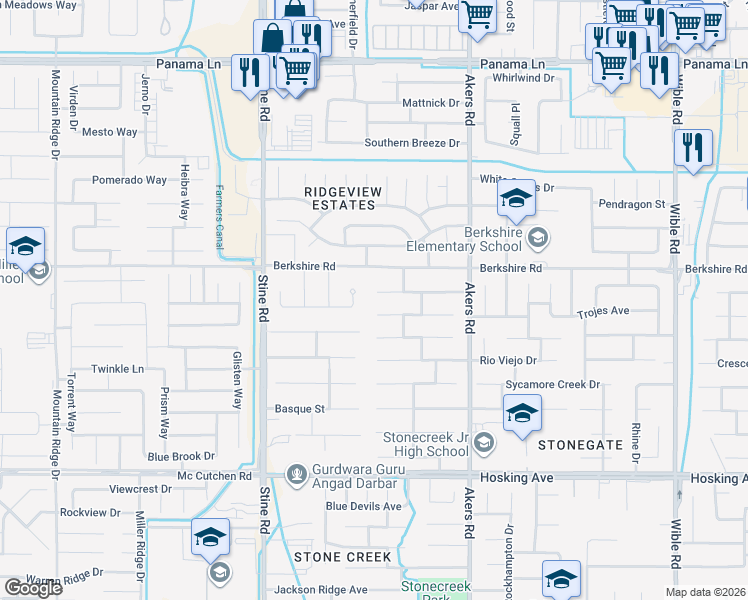 map of restaurants, bars, coffee shops, grocery stores, and more near 4415 Serene Oak Dr in Bakersfield