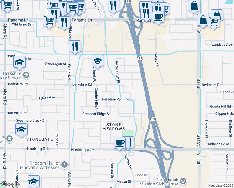 map of restaurants, bars, coffee shops, grocery stores, and more near 2701 Silver Shore Lane in Bakersfield