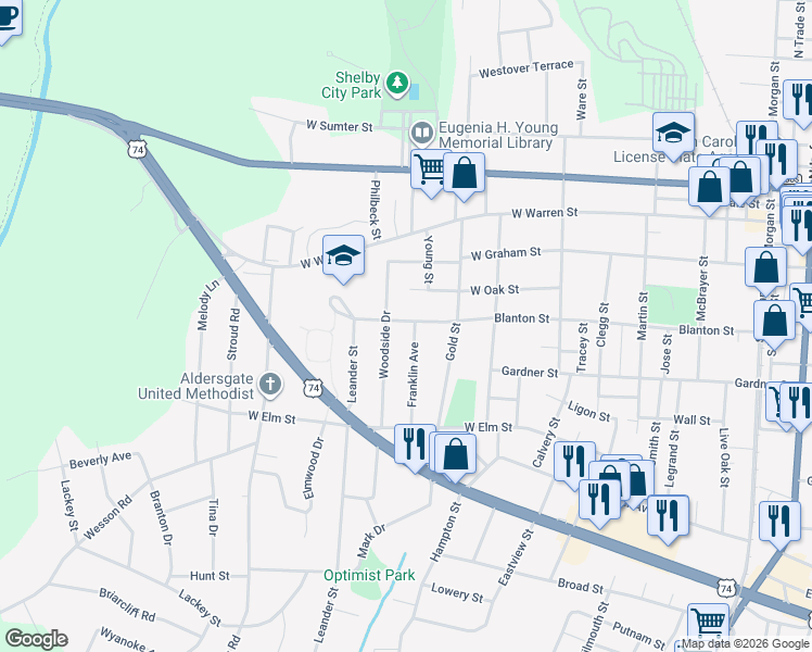 map of restaurants, bars, coffee shops, grocery stores, and more near 400 Franklin Avenue in Shelby